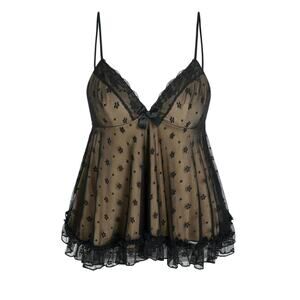 NWT Sexy Floral Lace VNeck Ruffle Cami Stretch Top Adjustable Straps L Black Tan